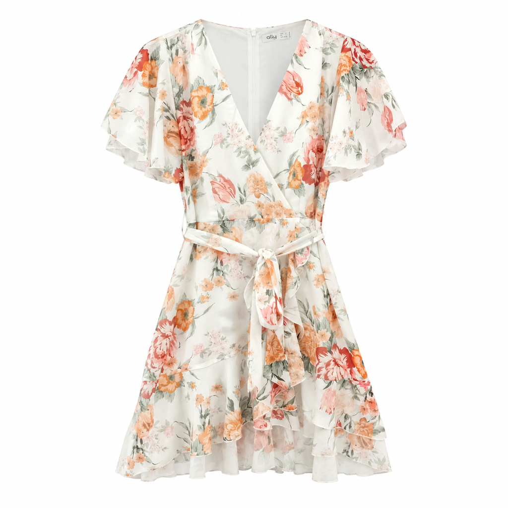 Pink Floral Ruffle Hemline Dess - Ally