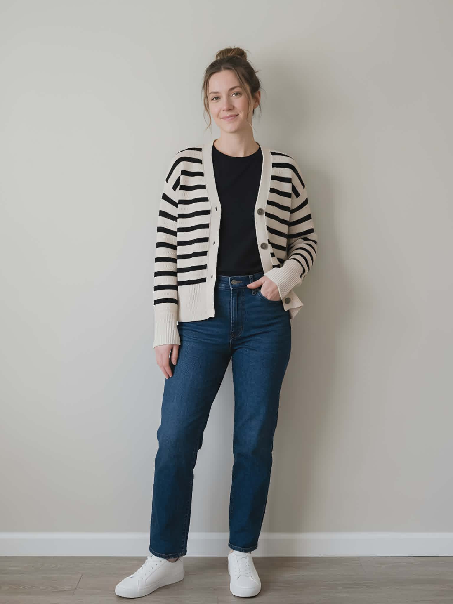 Cream & Black Relax Fit Cardigan - Anko