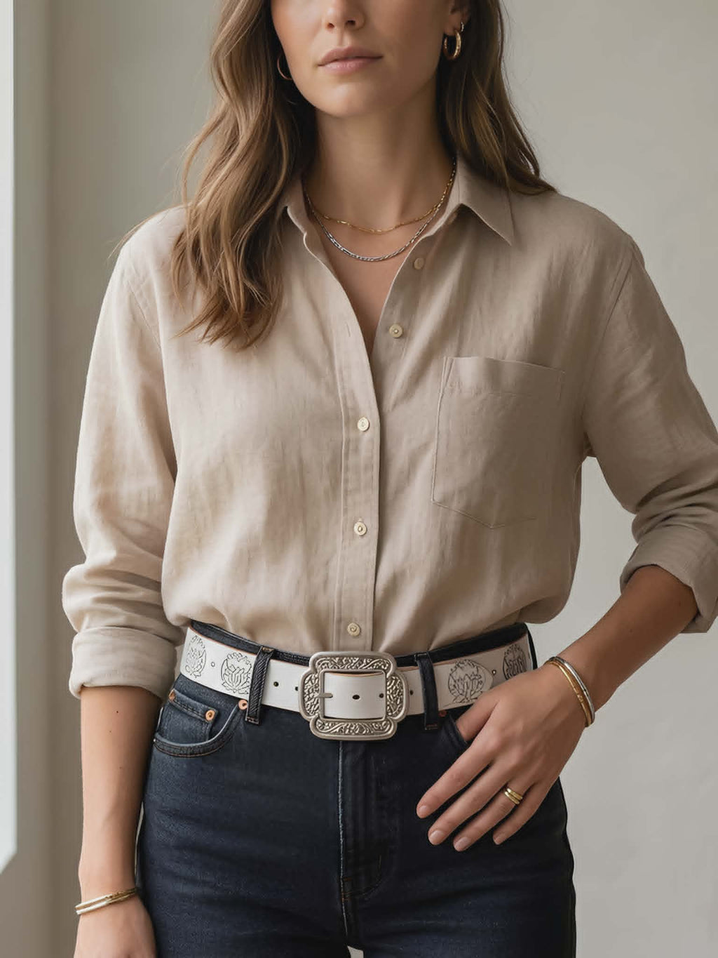 White Leather Embossed Belt - House Of Skye