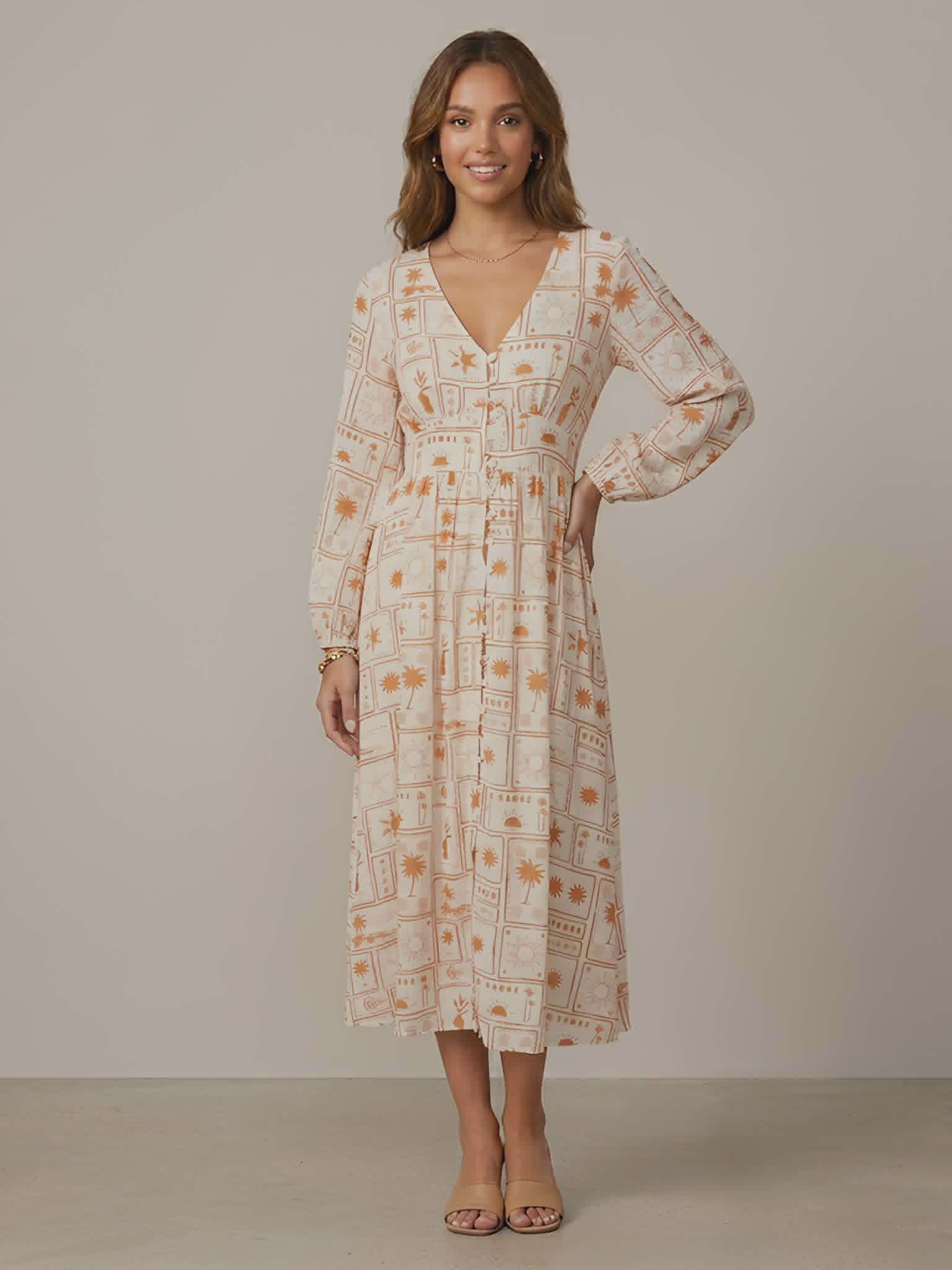 Rust Pattern Long Sleeve Dress - Grace & Co
