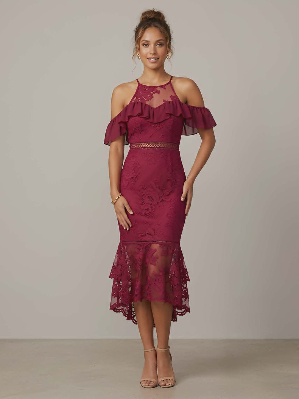 Burgundy Lace Cold Shoulder Dress - Two Sisters The Label