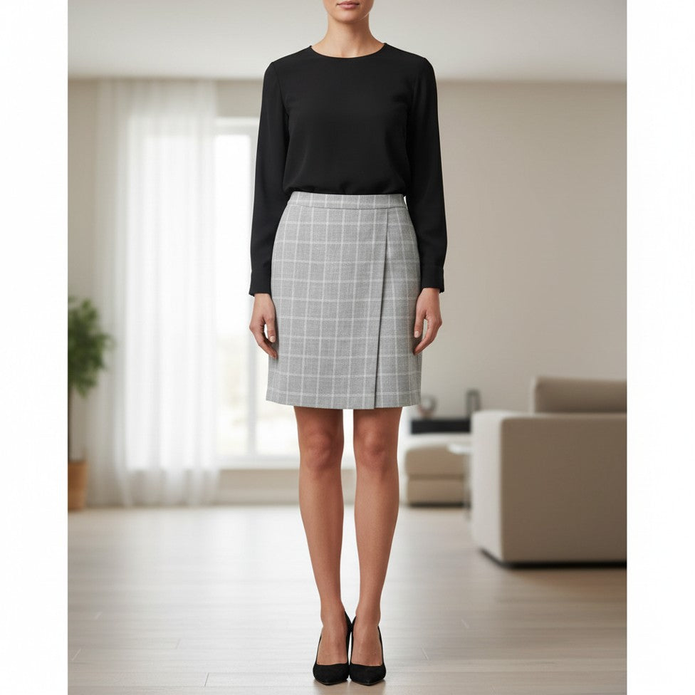 Check Mock Wrap Skirt -  Basque