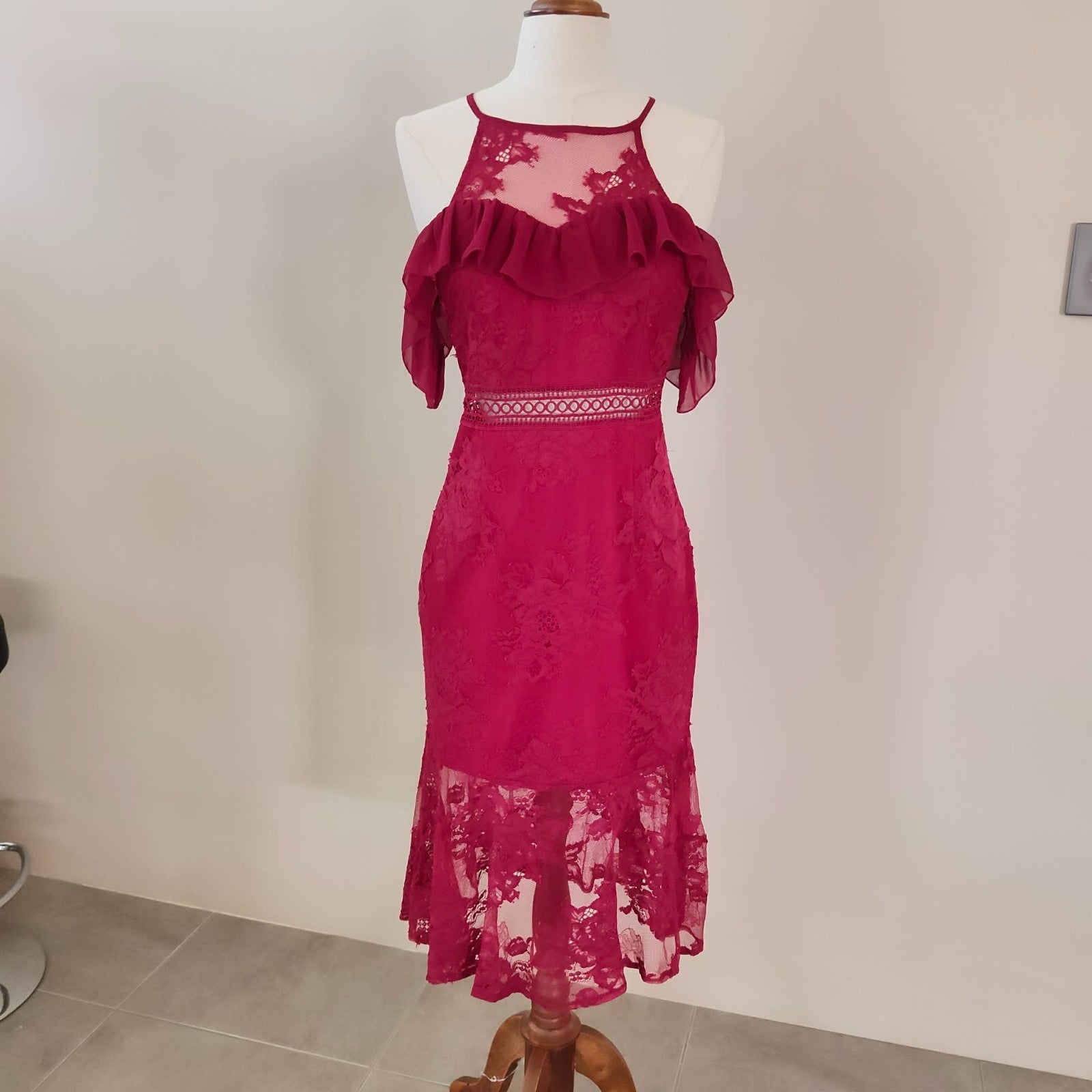 Burgundy Lace Cold Shoulder Dress - Two Sisters The Label