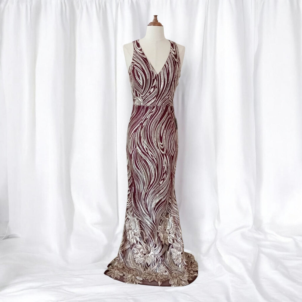 Burgundy Gold Sequin Ball Gown - Boieblu