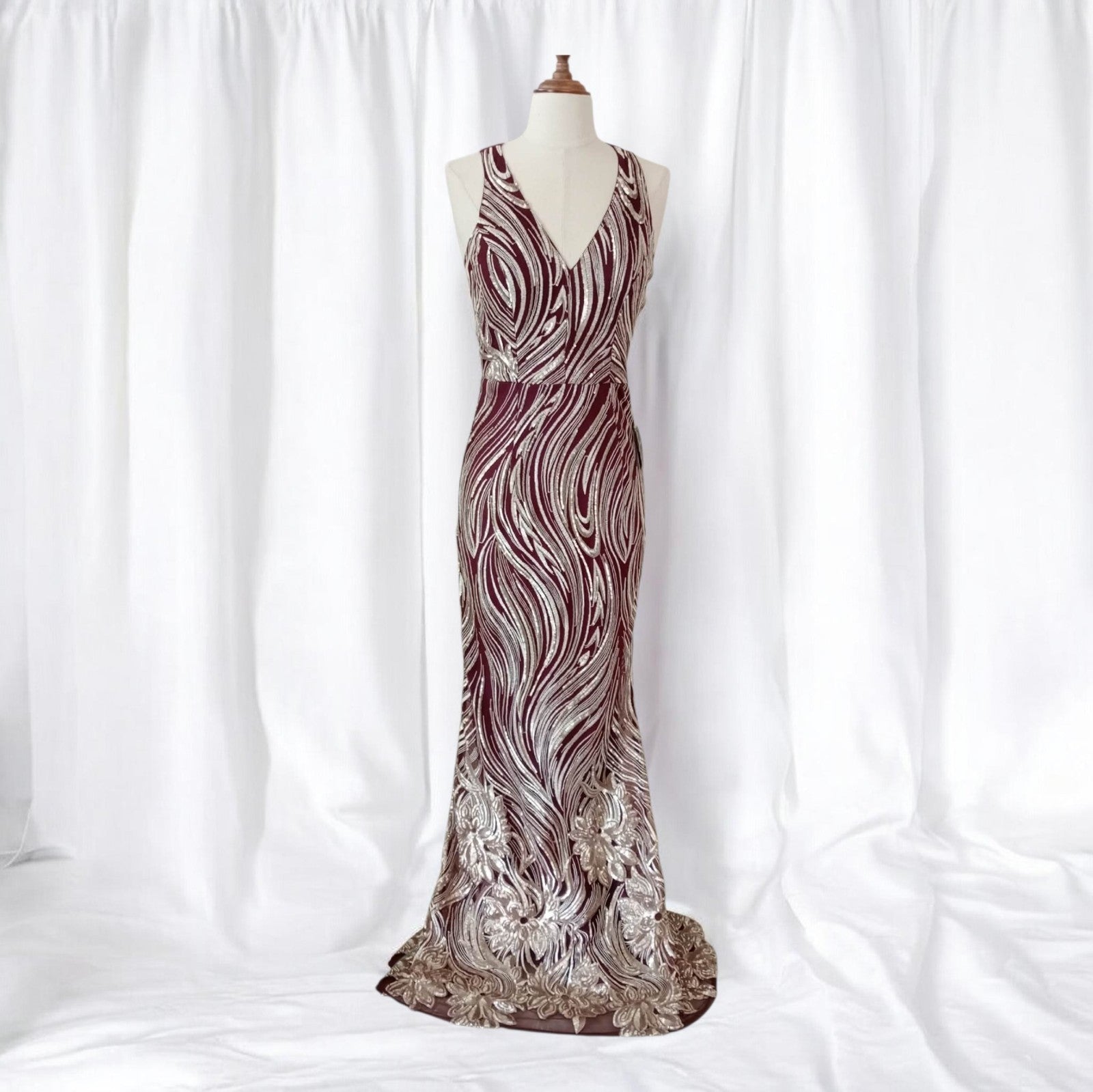 Burgundy Gold Sequin Ball Gown - Boieblu