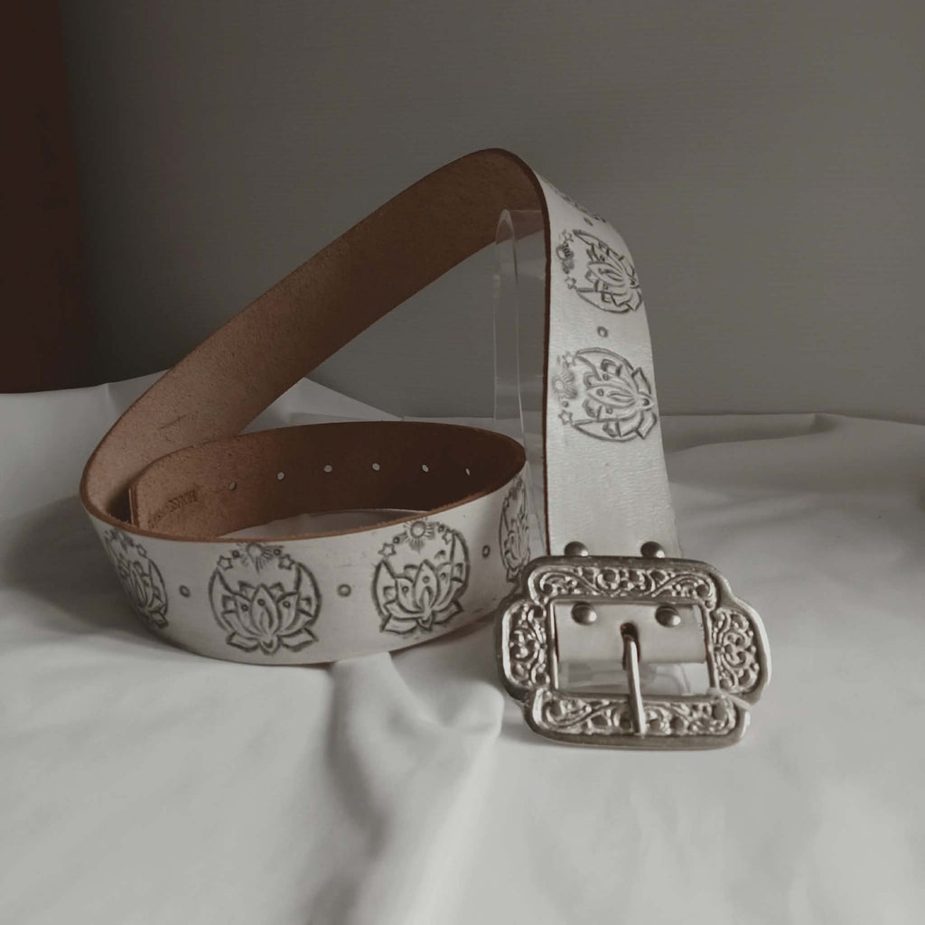 White Leather Embossed Belt - House Of Skye