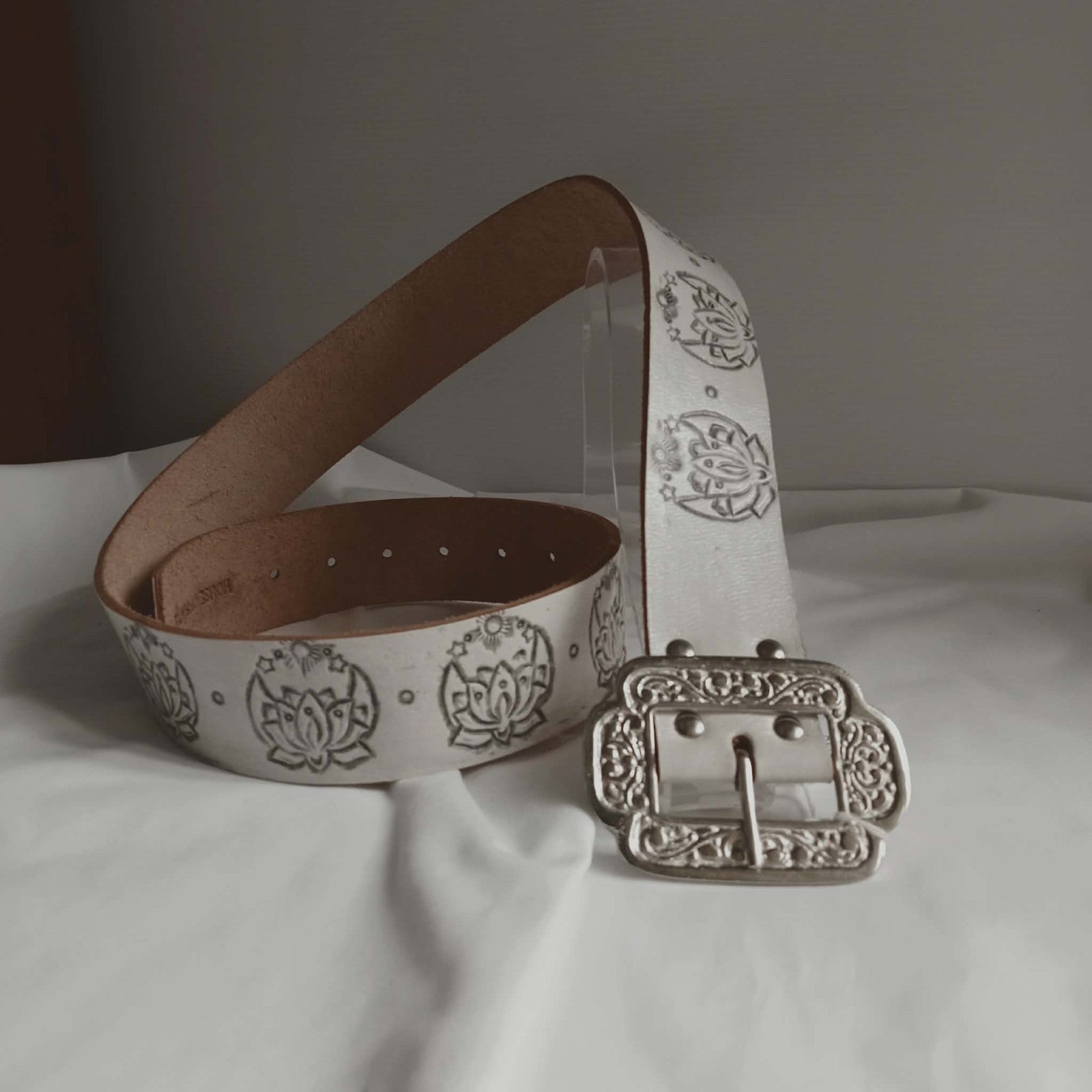 White Leather Embossed Belt - House Of Skye