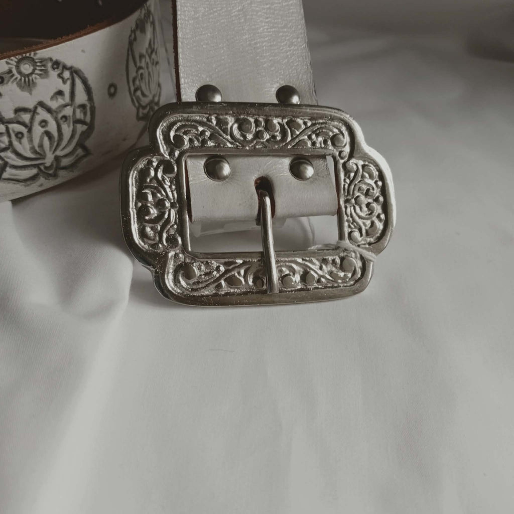 White Leather Embossed Belt - House Of Skye