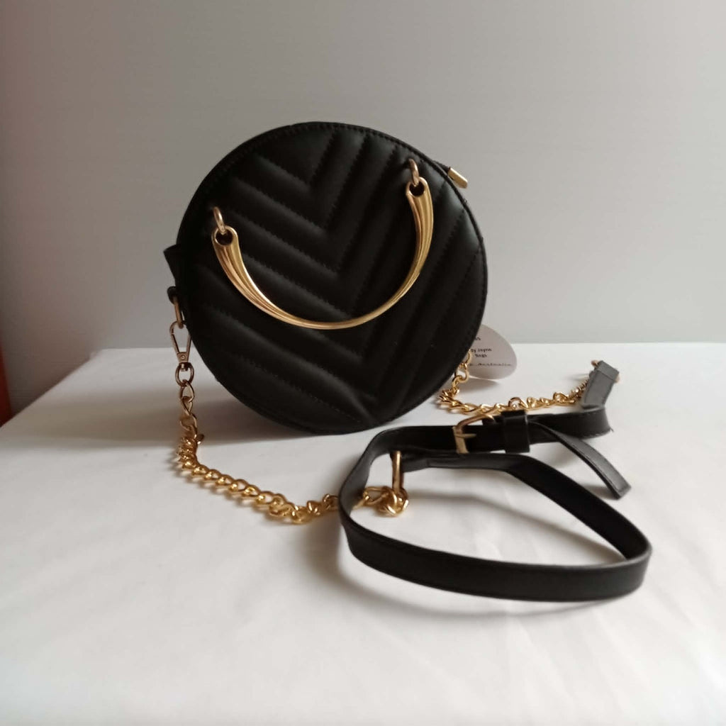 Black Faux Leather Bag With Gold Handles - Tripp