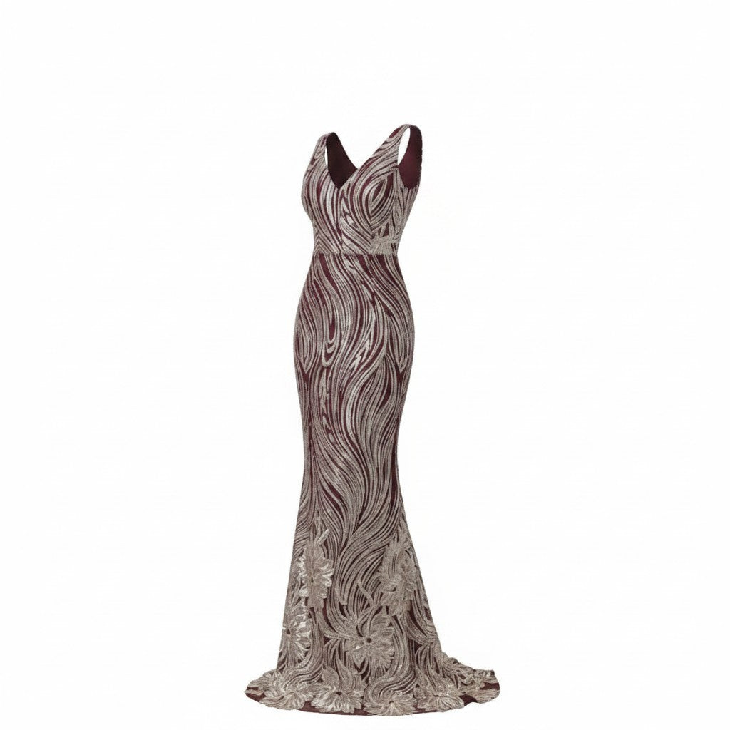 Burgundy Gold Sequin Ball Gown - Boieblu