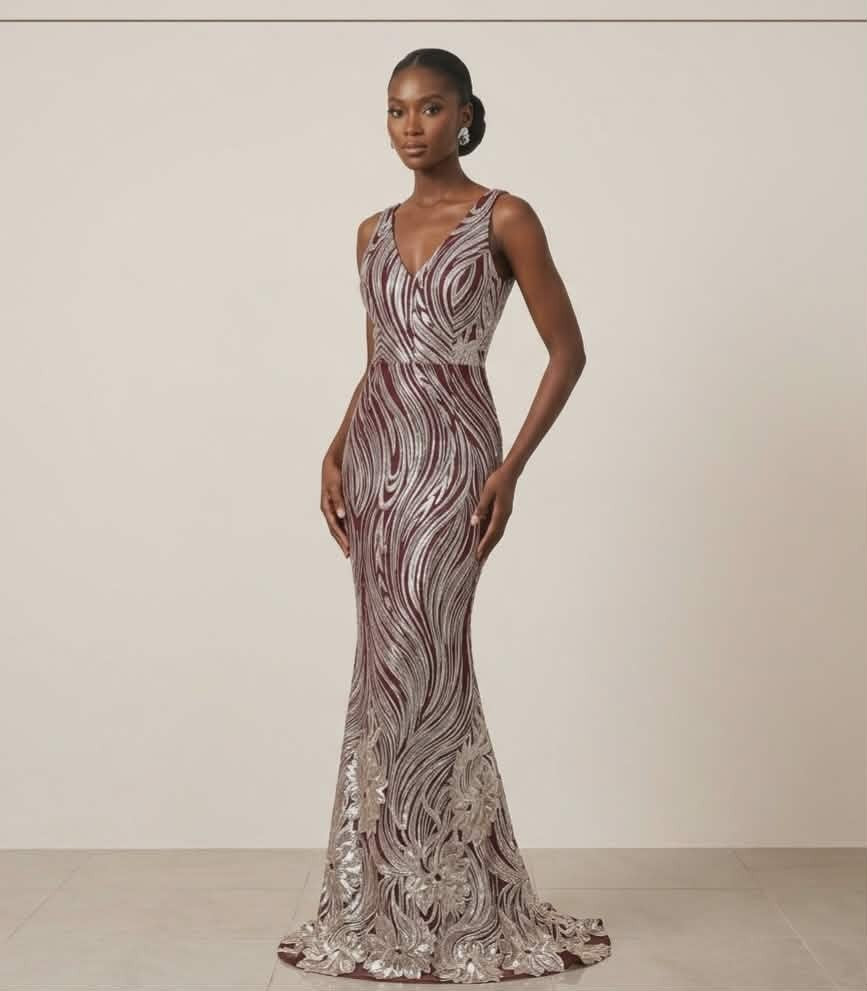 Burgundy Gold Sequin Ball Gown - Boieblu