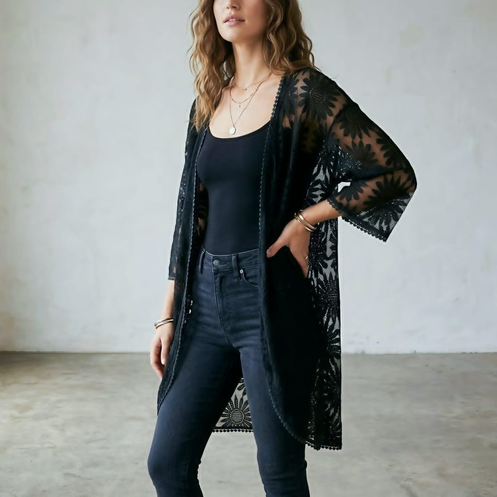 Black Lace Kimono - Unbranded